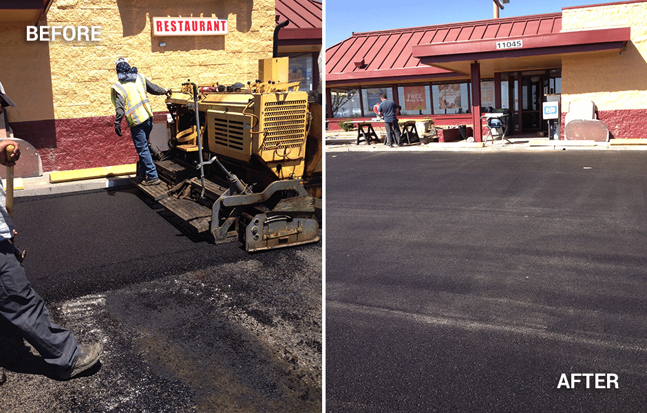 Before and after images of Rick’s Paving performing asphalt installation services for a restaurant’s driveway.