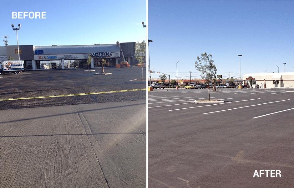 before and after new pavement in a parking lot