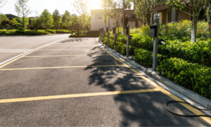 A parking lot with EV chargers