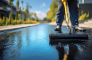 Sealcoat being applied to asphalt